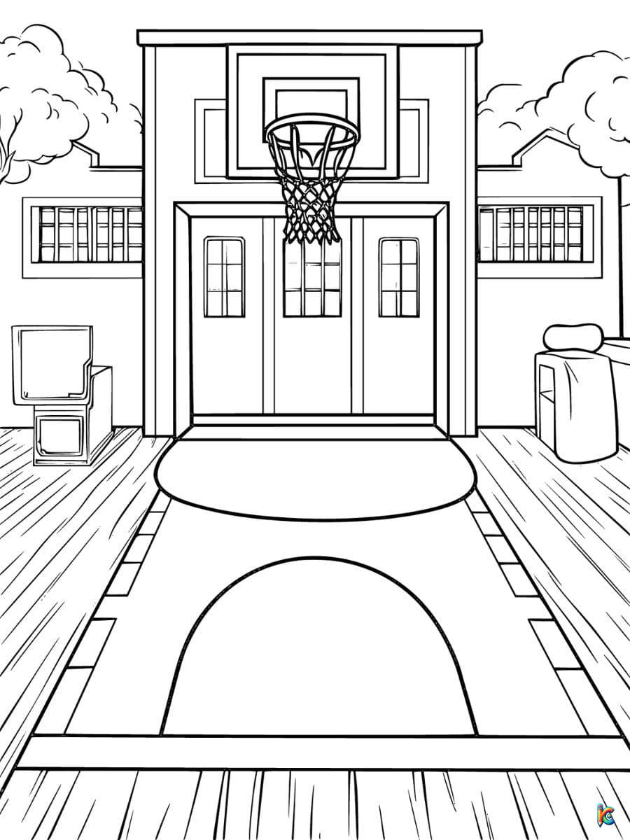 basketball court coloring page with hoops