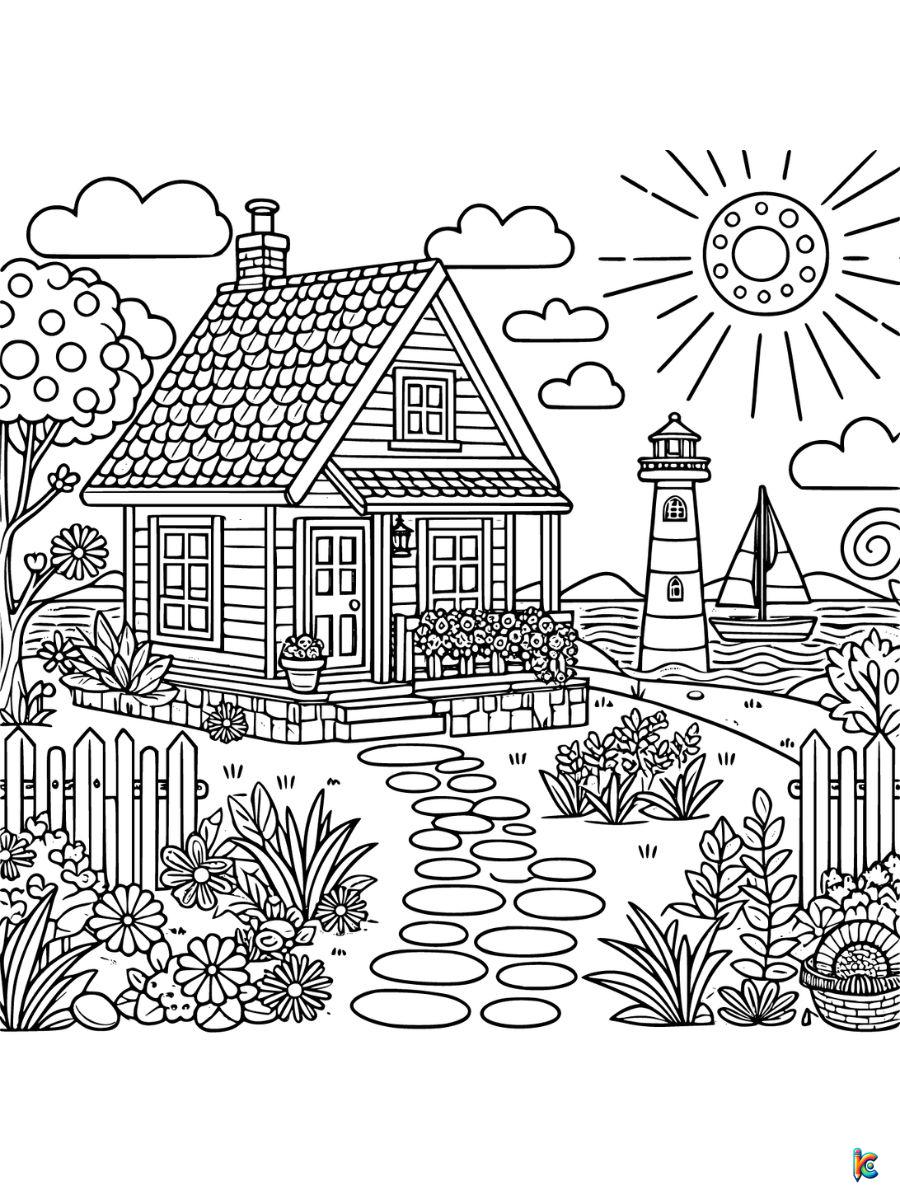 coloring page beach house