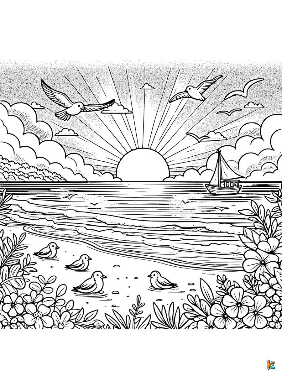sunset on the beach coloring page
