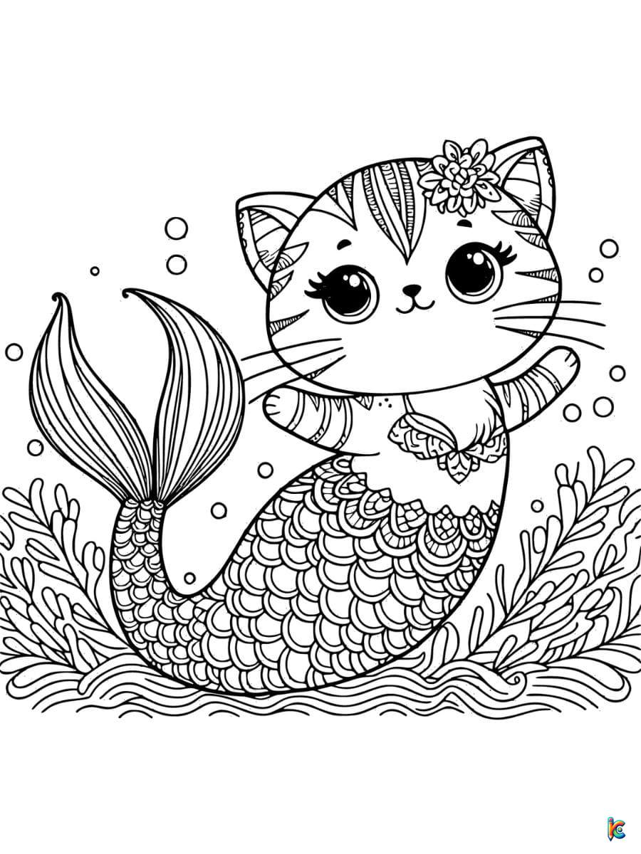 mermaid cat coloring page