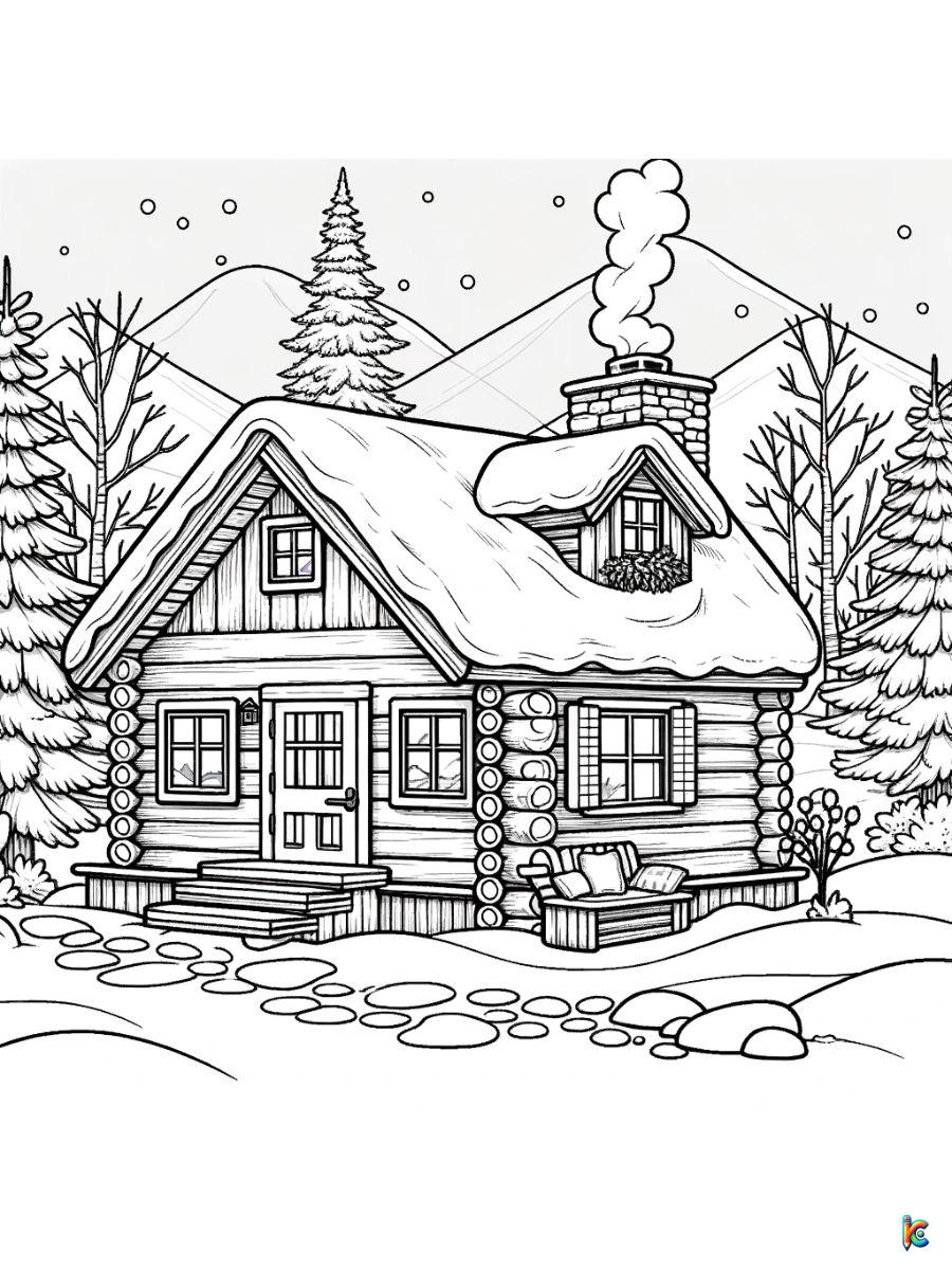 winter cabin coloring page