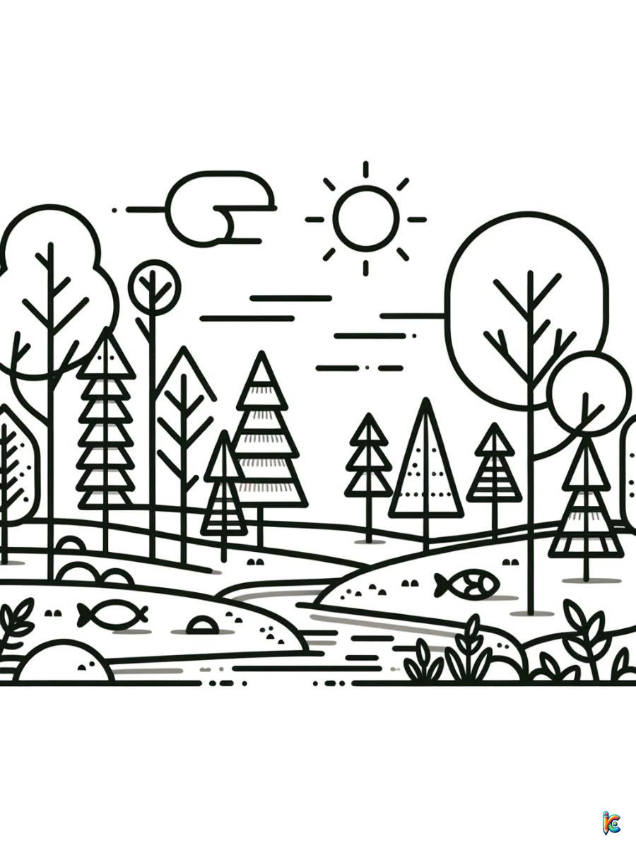 woods landscape coloring pages easy